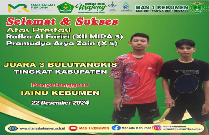 Siswa MAN 1 Kebumen Sabet Juara 3 Turnamen Badminton Dies Natalis IAINU Kebumen ke-46